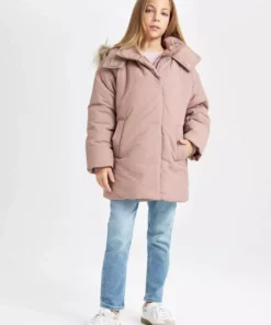 کاپشن پارکا با یقه خز مصنوعی قابل جدا شدن و کلاه برای دختران برند Defacto - 878482177