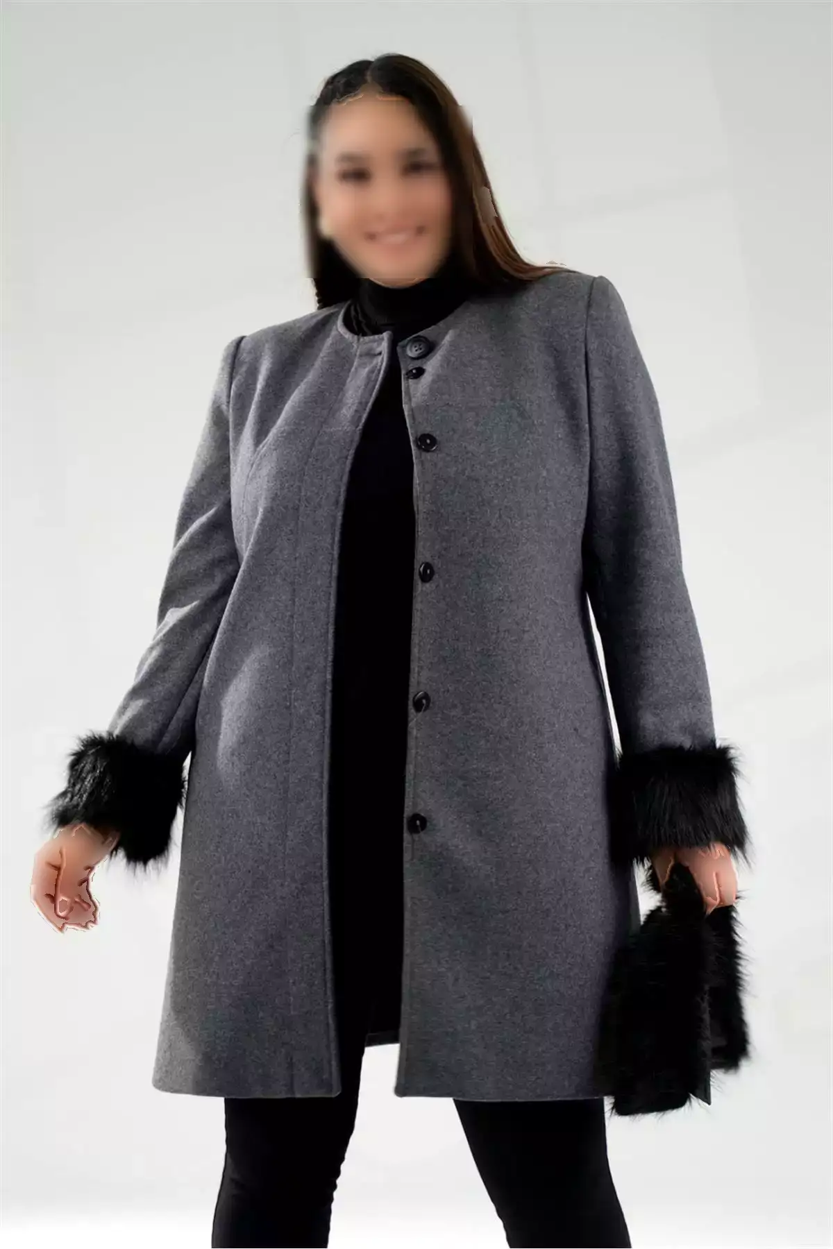 کاپشن پشمی با آستین بزرگ و پالتو خزدار برند Roxxlen - 1026728746