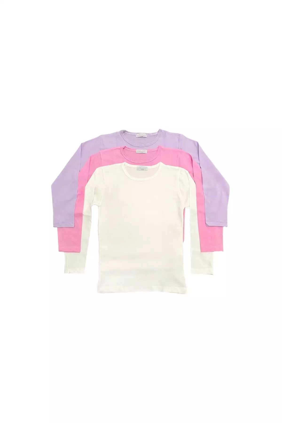 تیشرت بافتنی دخترانه سهتایی با آستینهای بلند برای استفاده روزمره، مدرسه و ورزش به رنگهای کرم، صورتی و بنفش برند atölye kids - 175949261