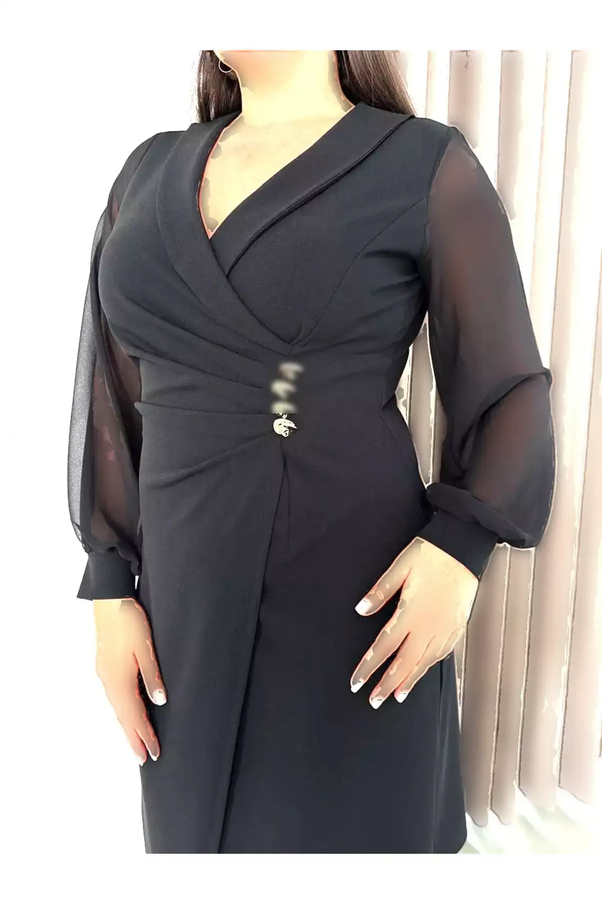 کت بزرگ زنانه مشکی با یقه و جزئیات دکمه، لباس مجلسی انعطافپذیر برند Şirin Butik - 996790820