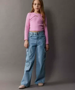 تی شرت آستین بلند کشی یقه دوچرخه‌ای برای دختران کودک E0463A825SP برند Defacto - 888613983