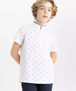 پیراهن پولوش کوتاه آستین با یقه راننده طرحدار برای پسران - کد B5938A824SM برند Defacto - 811110120