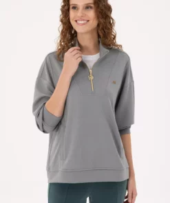 سویشرت زنانه خاکستری با ترکیب مدال و یقه ایستاده زیپ دار 50298988-VR086 برند U.S. Polo Assn. - 884862995