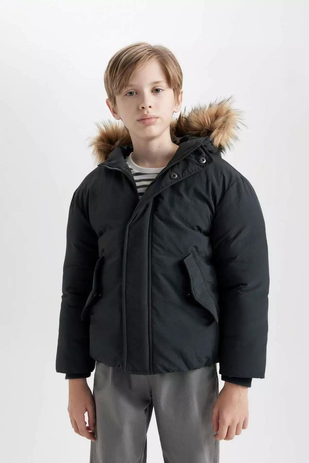 کاپشن پسرانه با یقه پلنگی قابل جدا شدن، کلاهدار، زیپ دار و دکمهدار، دارای جیب C5975A824WN برند Defacto - 871763007