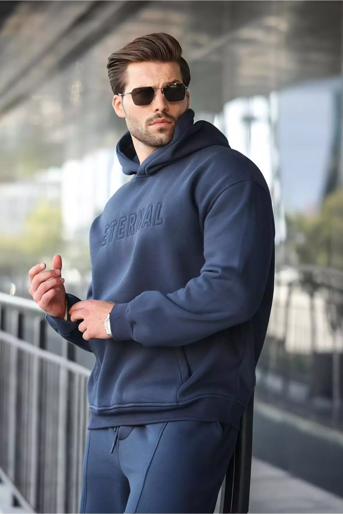 ست سویشرت و شلوار مردانه کلاهدار آبی تیره E7324 برند Madmext - 963245523