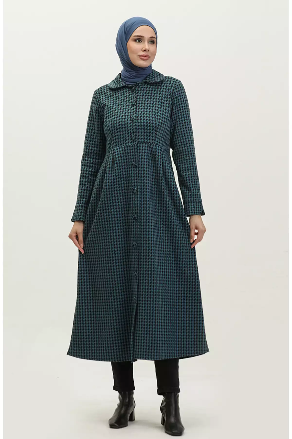 کاپ دکمهدار طرح چهارخانه 1981-04 رنگ پترول برند sefamerve - 833479594