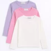 تیشرت بافتنی دخترانه سهتایی با آستینهای بلند برای استفاده روزمره، مدرسه و ورزش به رنگهای کرم، صورتی و بنفش برند atölye kids - 175949261