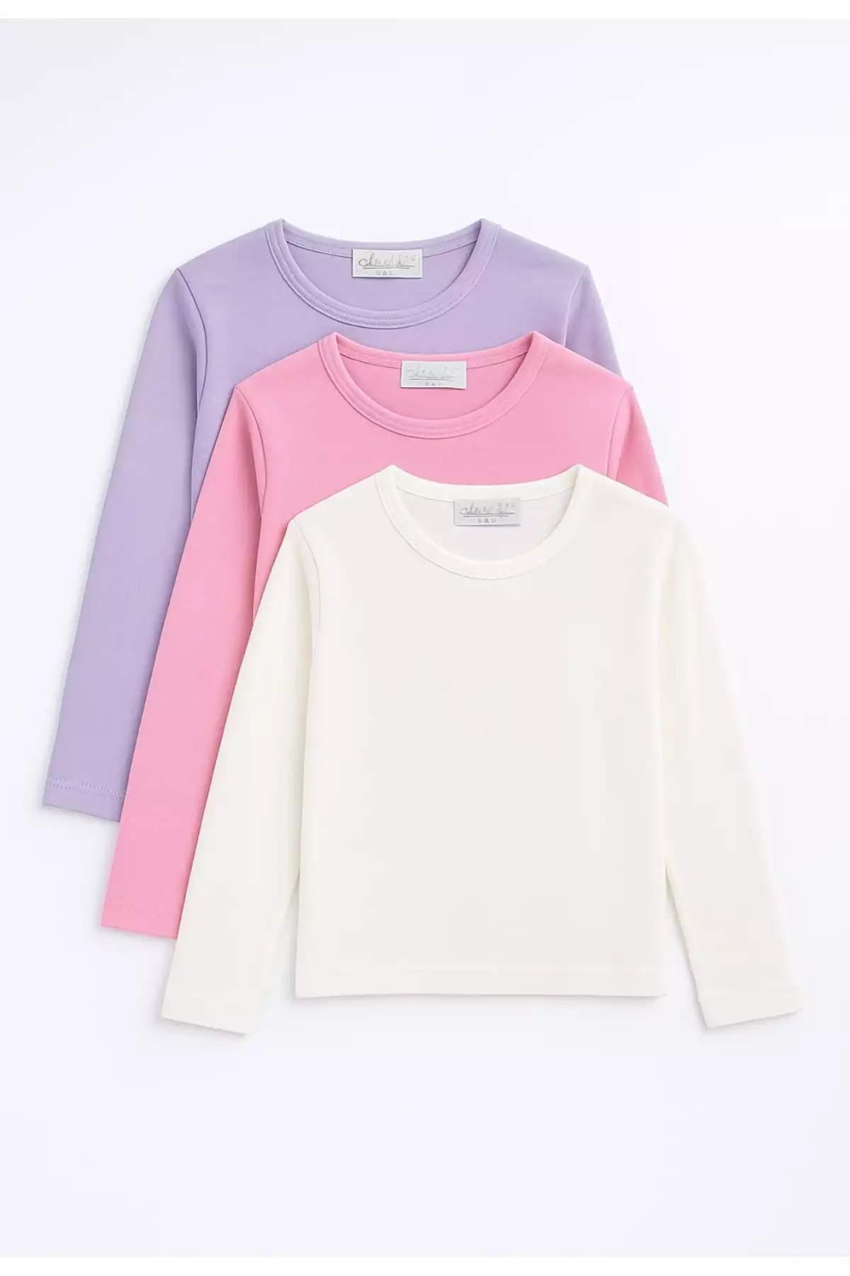 تیشرت بافتنی دخترانه سهتایی با آستینهای بلند برای استفاده روزمره، مدرسه و ورزش به رنگهای کرم، صورتی و بنفش برند atölye kids - 175949261