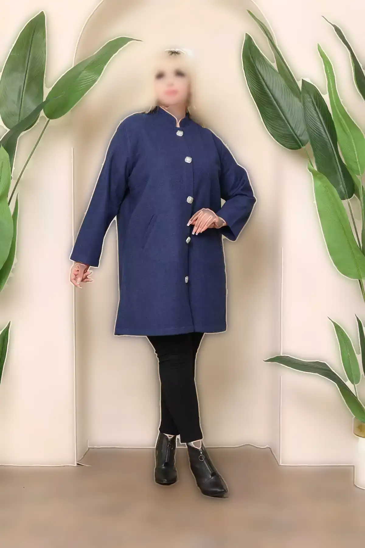 کاپشن پشمی بدون آستر زنانه سایز بزرگ آبی تیره با جیب 65N38346 برند Şans - 862343690