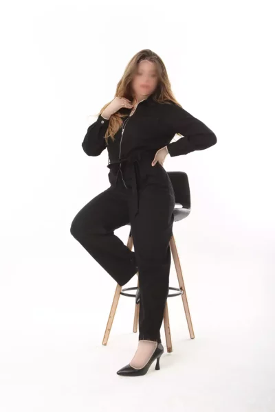 سرهمی زنانه سایز بزرگ مشکی با زیپ جلویی و جزئیات کمر کشی و کمربند و جیب 65N37469 برند Şans - 797713740