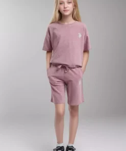 ست تی‌شرت و شورت یقه گرد دخترانه از ۱۰۰% پنبه، رنگ گل‌پری. برند U.S. Polo Assn. - 932857838