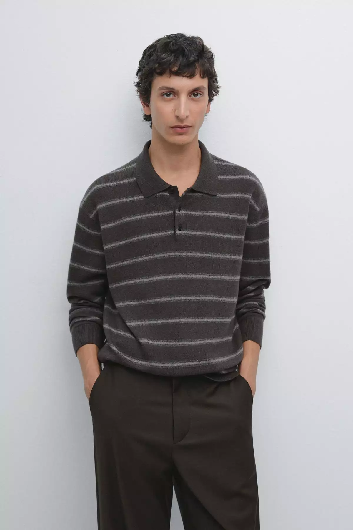 پلیور یقهدار پشمی راهراه برند Massimo Dutti - 984771840
