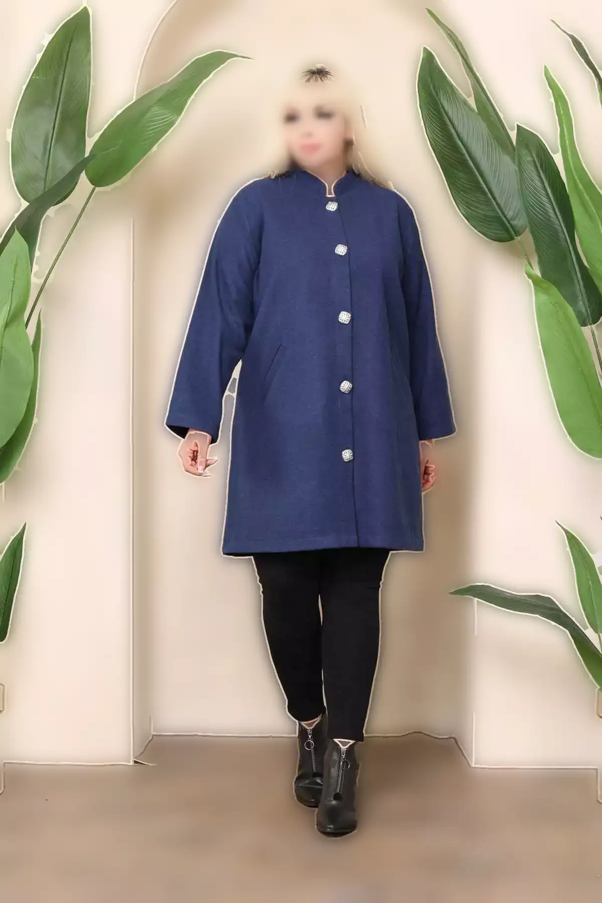 کاپشن پشمی بدون آستر زنانه سایز بزرگ آبی تیره با جیب 65N38346 برند Şans - 862343690