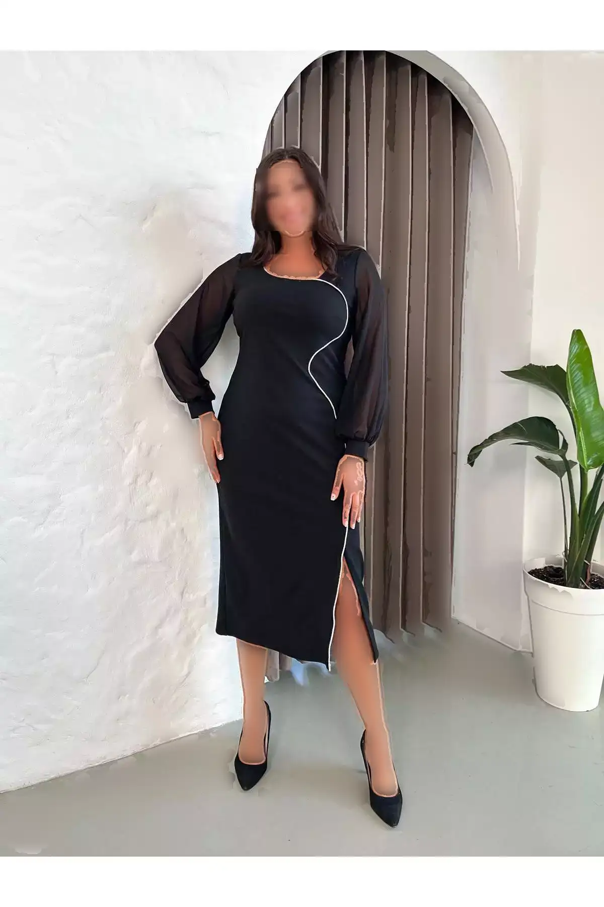 لباس Abend زنانه بزرگ سایز با جزئیات نوار رنگ مشکی برند Şirin Butik - 983225964