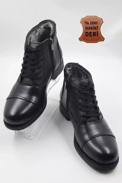 کتانی مردانه با رویه چرم طبیعی و داخلی پشمی، زیپ‌دار، رنگ مشکی، مناسب استفاده روزمره برند nazenintasarımlar - 184686120