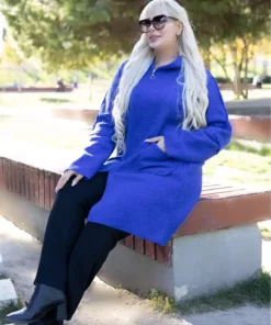 کاپشن کلاهدار بزرگ سایز زنانه از پارچه بافت دار رنگ ساکس 65N38451 برند Şans - 870123433