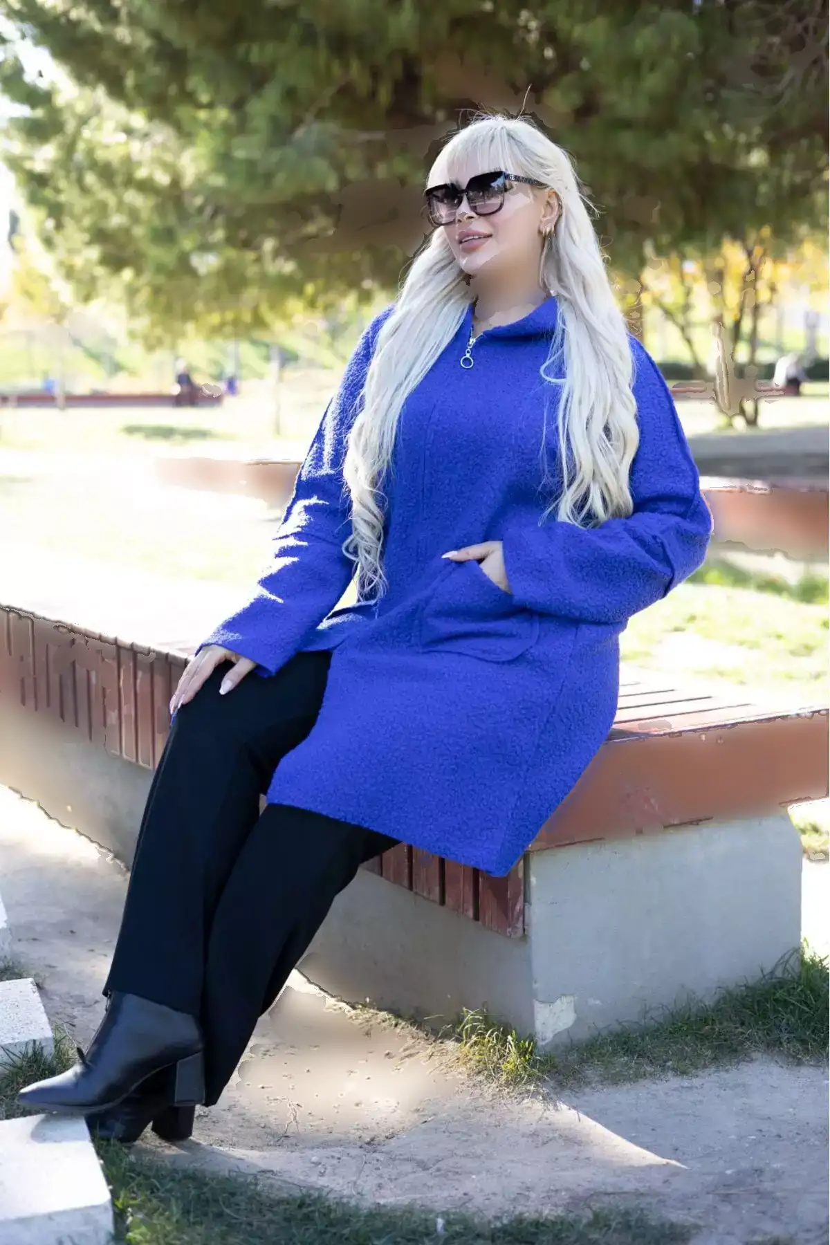 کاپشن کلاهدار بزرگ سایز زنانه از پارچه بافت دار رنگ ساکس 65N38451 برند Şans - 870123433