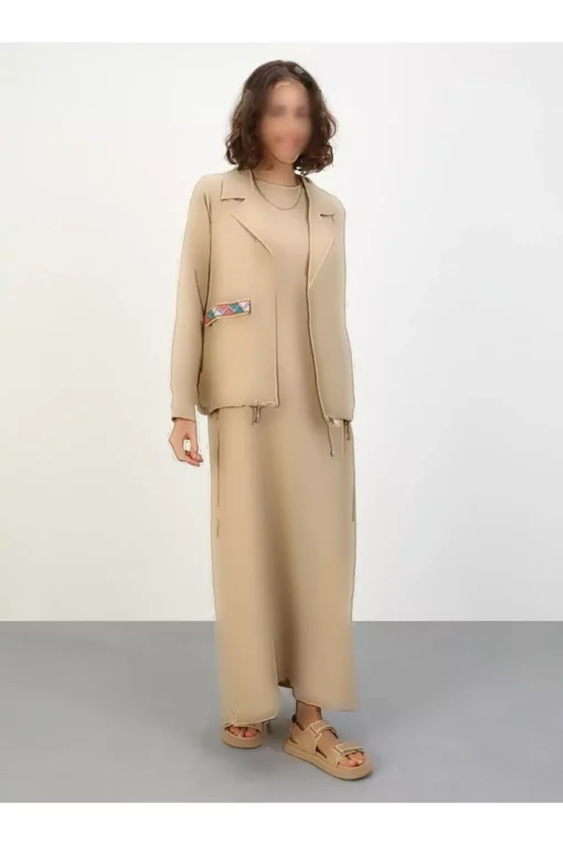 ست دو تکه کت و پیراهن با جزئیات خطی - رنگ بژ روشن - برند Benin - 831528356