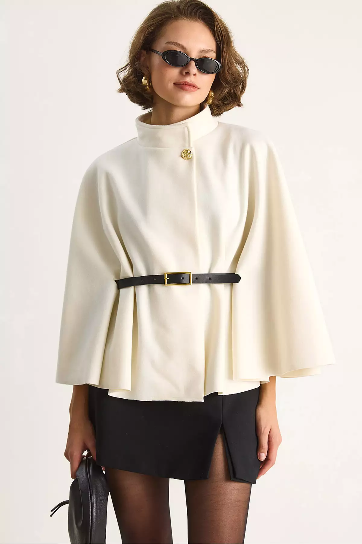 پانچو زنانه با جزئیات دکمه طلایی و کمربند 2712 60261570 برند Bianco Lucci - 984783802