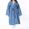 کاپشن زنانه بزرگ سایز جین نازک با دکمه جلو و جیبهای کناری رنگ سرمهای برند Şans - 917564790