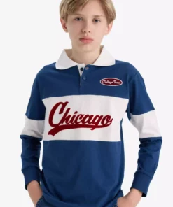 تیشرت مدرسهای آستینبلند پولو یقه با طرح نازک مناسب برای پسران با برش گشاد برند Defacto - 971297055