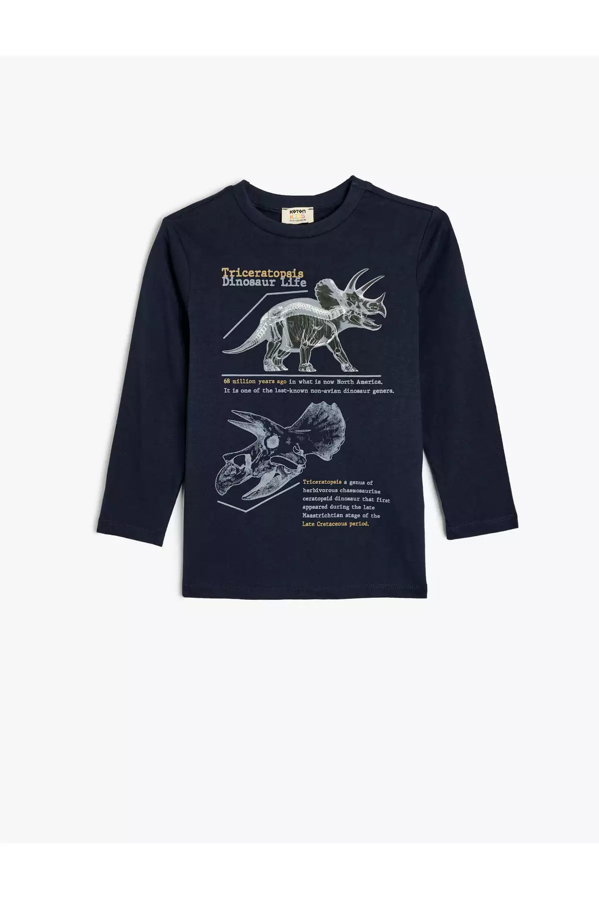 تیشرت آستین بلند با طرح دایناسور و یقه گرد از جنس پنبه برند Koton - 862616203
