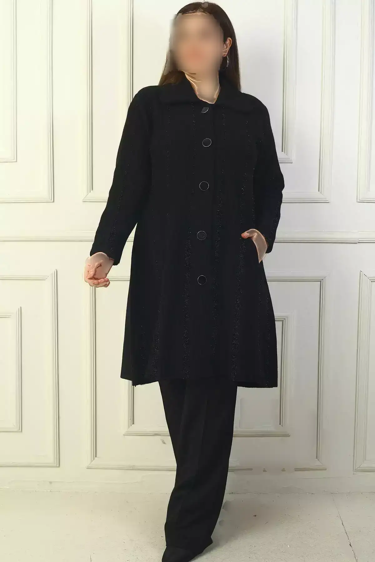 کاپشن بافتنی بزرگ سایز، دارای جیب و دکمه در جلو با طرح راه راه سیمی برند Genel Markalar - 870951477