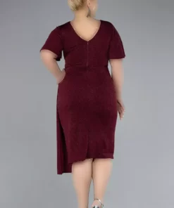 پیراهن مهمانی کوتاه آستیندار میدی سایز بزرگ با طرح براق Bordo ABK39920 برند Efelif - 886427140