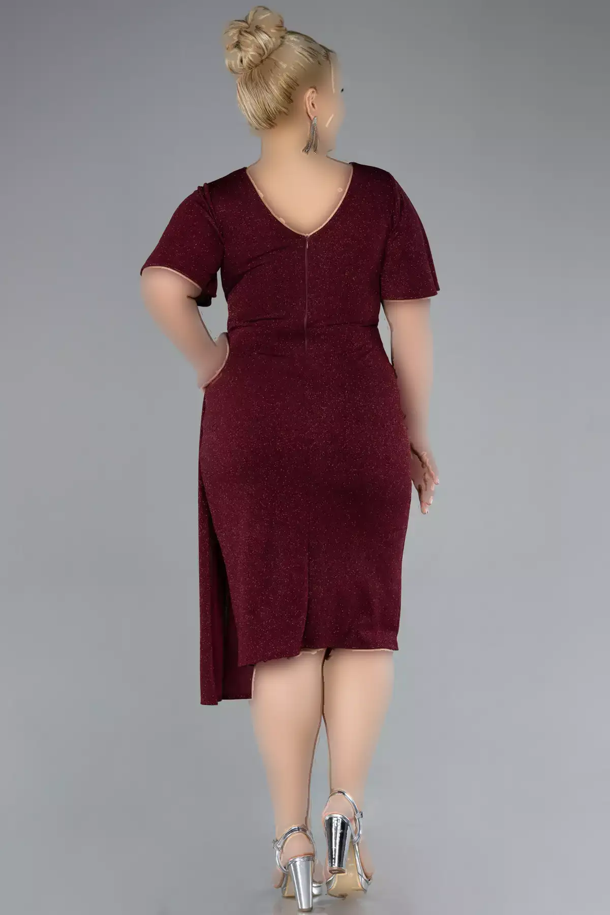 پیراهن مهمانی کوتاه آستیندار میدی سایز بزرگ با طرح براق Bordo ABK39920 برند Efelif - 886427140