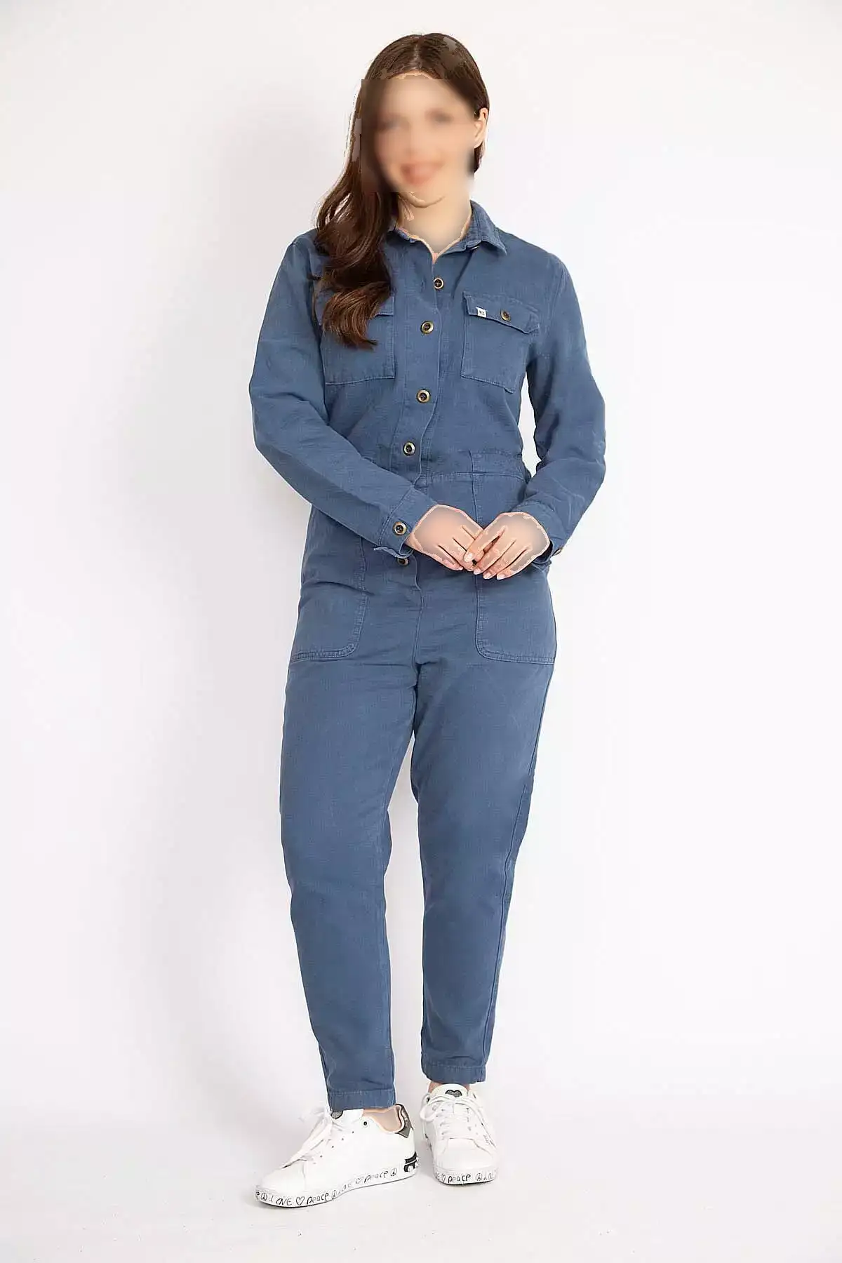 jumpsuit کادین ایندیکو بزرگ سایز با دکمه جلو از پارچه گاباردین برند Şans - 714813158
