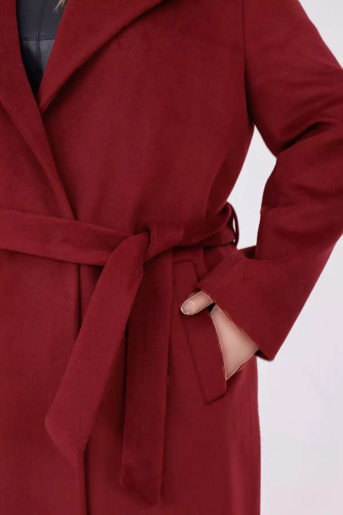 کاپشن زنانه به رنگ bordo با جزئیات کمربند و آستار از جنس پشم و بزرگ سایز برند Mooi XXL - 1029475244