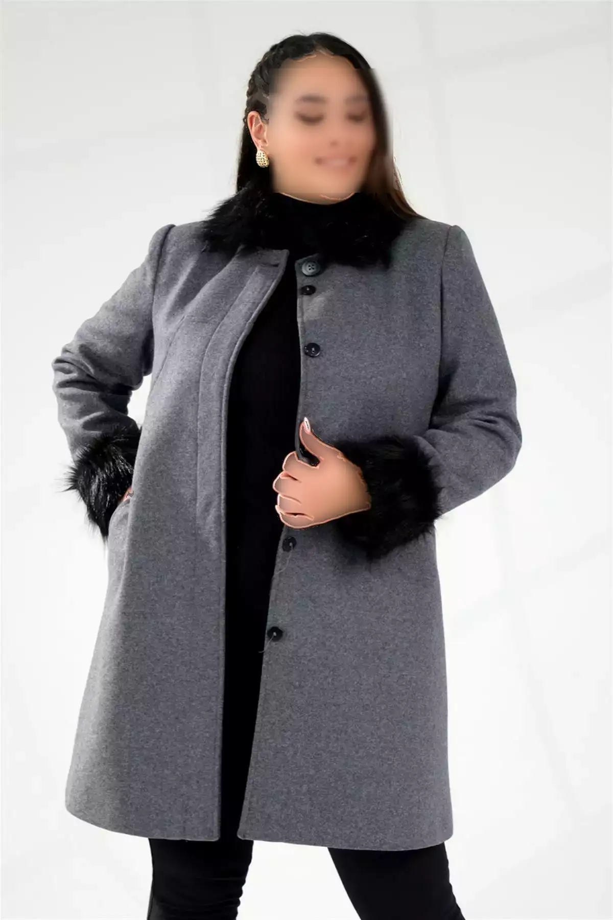 کاپشن پشمی با آستین بزرگ و پالتو خزدار برند Roxxlen - 1026728746