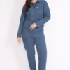 jumpsuit کادین ایندیکو بزرگ سایز با دکمه جلو از پارچه گاباردین برند Şans - 714813158