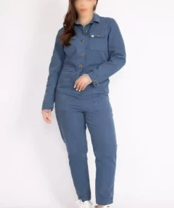 jumpsuit کادین ایندیکو بزرگ سایز با دکمه جلو از پارچه گاباردین برند Şans - 714813158