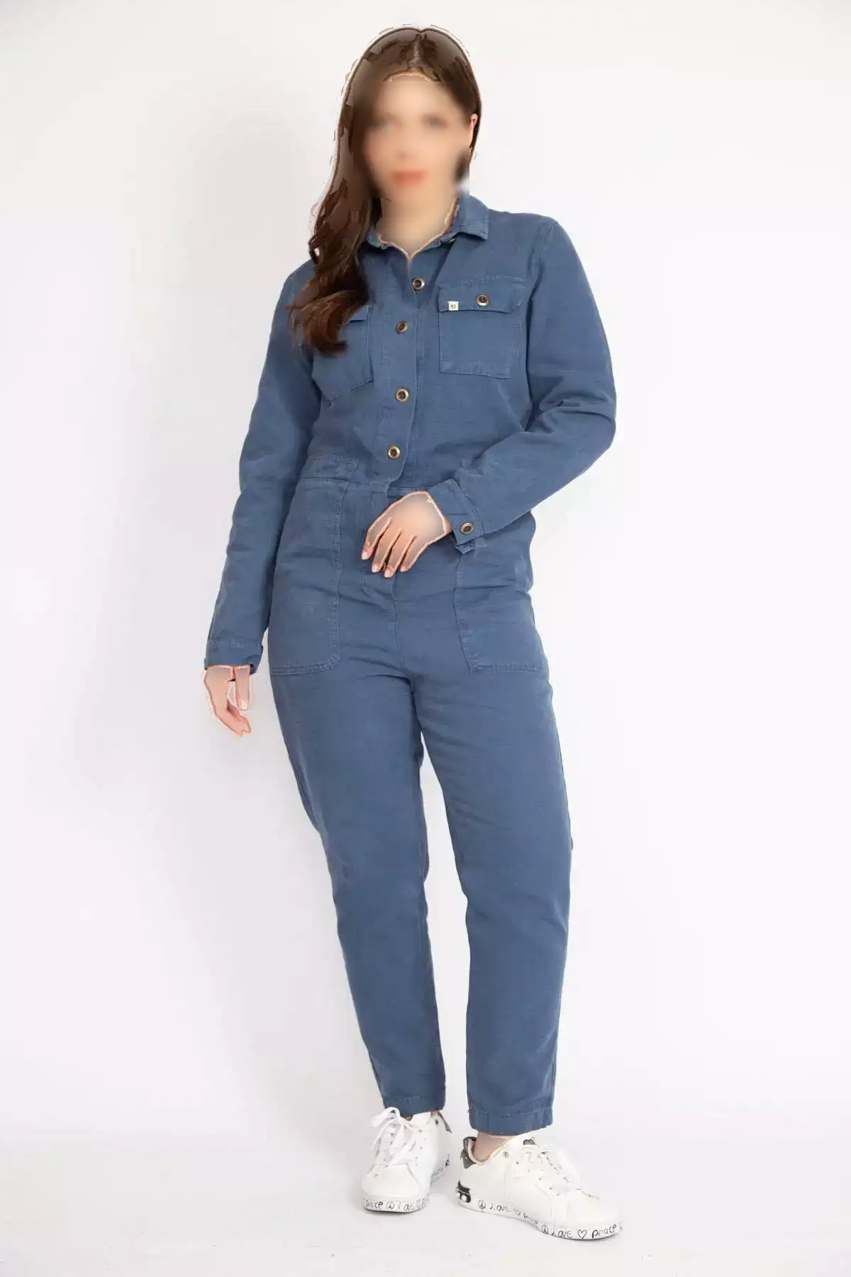 jumpsuit کادین ایندیکو بزرگ سایز با دکمه جلو از پارچه گاباردین برند Şans - 714813158
