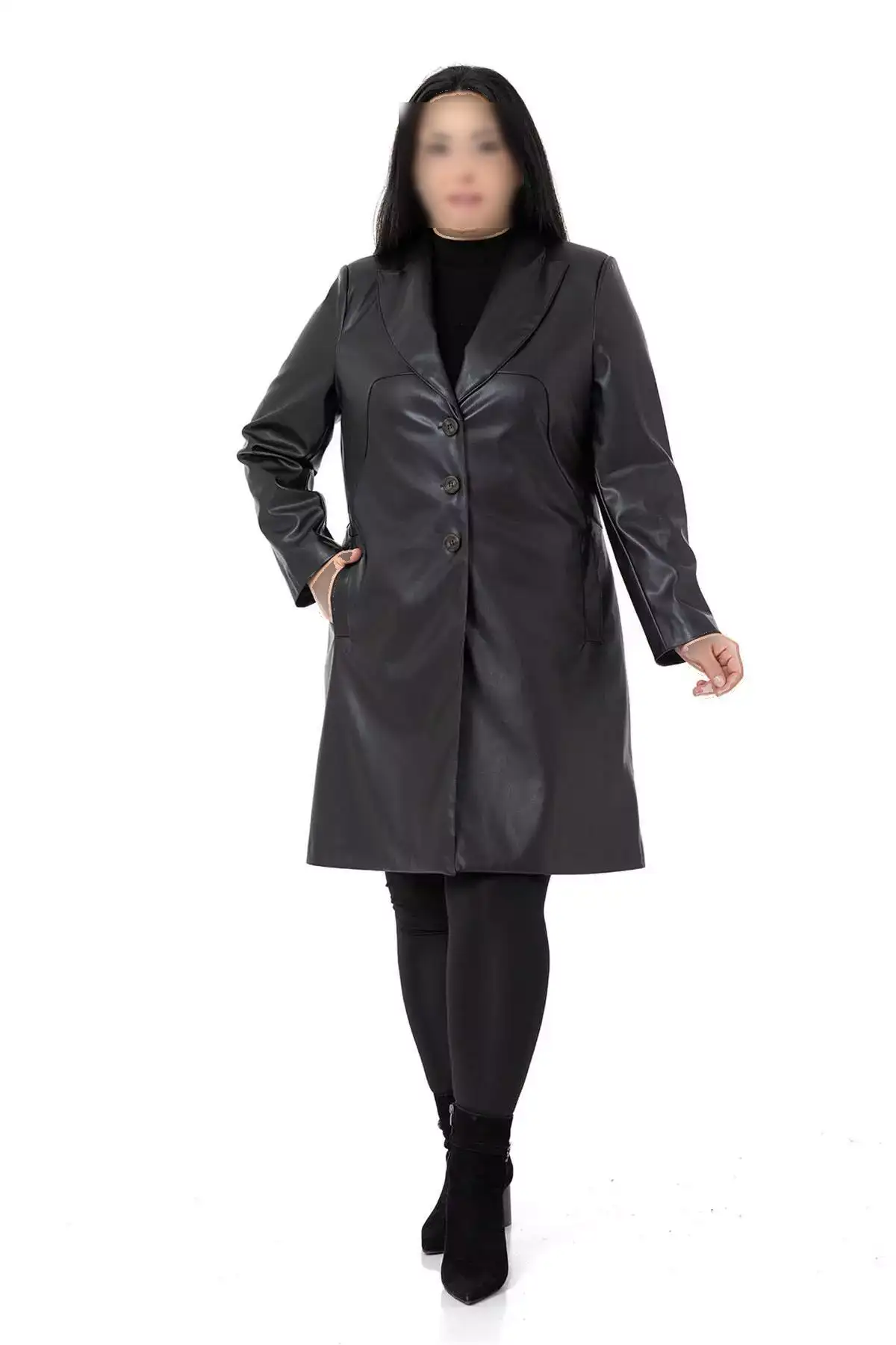 کاپشن چرم سیاه بزرگبدن با دکمه و جیب و آستردار برند DISENTIS MODEST - 773815376