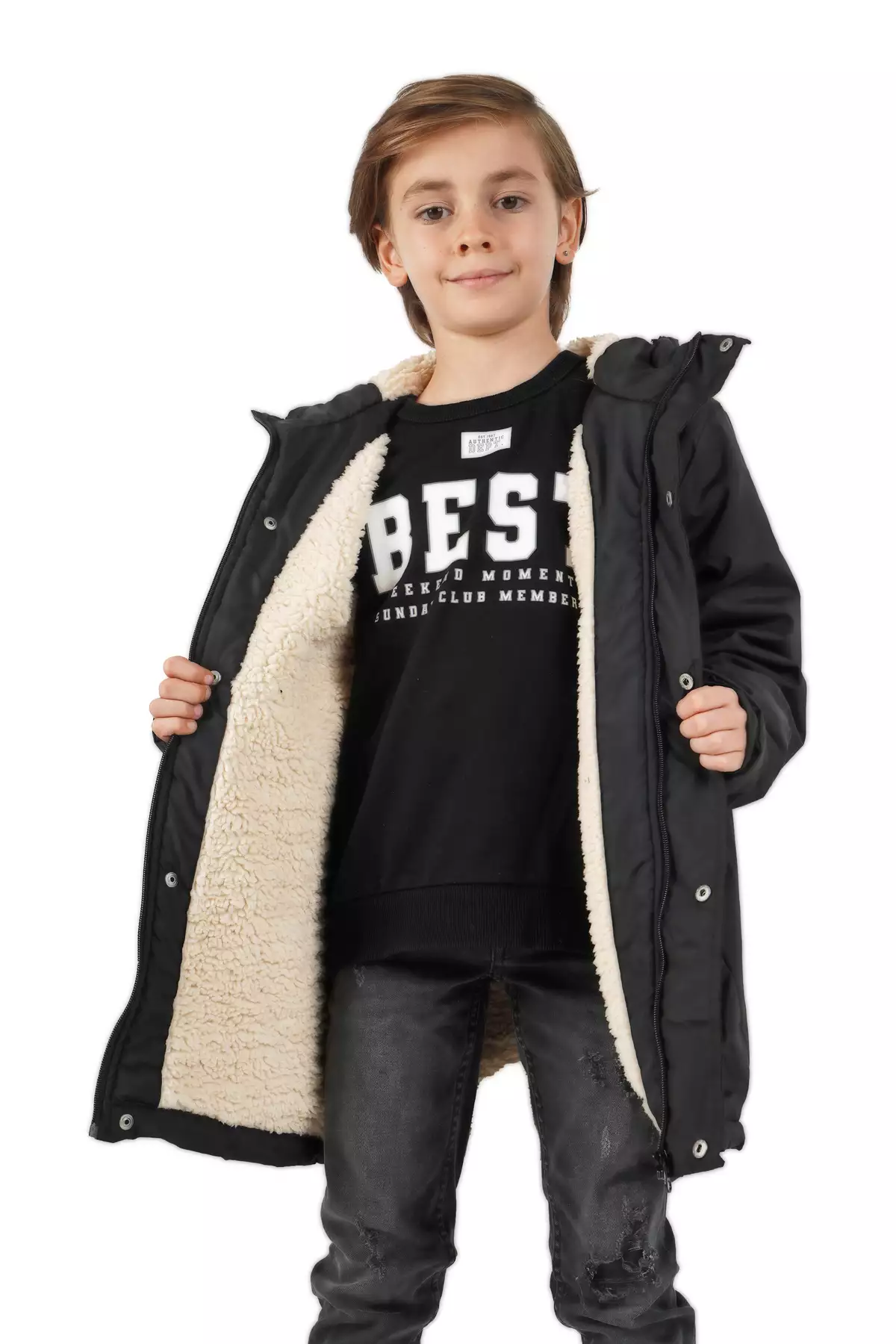 کاپشن و بارانی پارکا با کلاه و داخلی خزدار برای پسران - مشکی، ضد آب و ضد باد برند QAWWA - 759719104