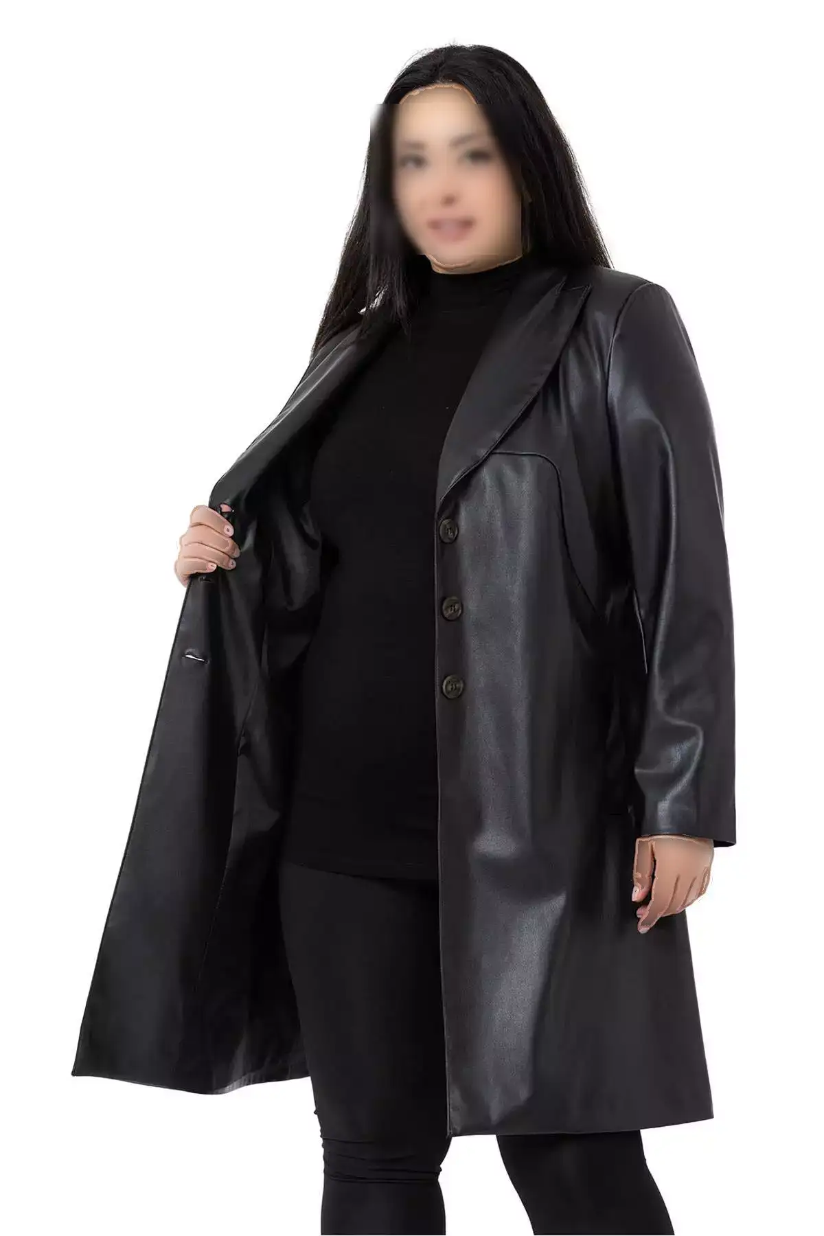 کاپشن چرم سیاه بزرگبدن با دکمه و جیب و آستردار برند DISENTIS MODEST - 773815376