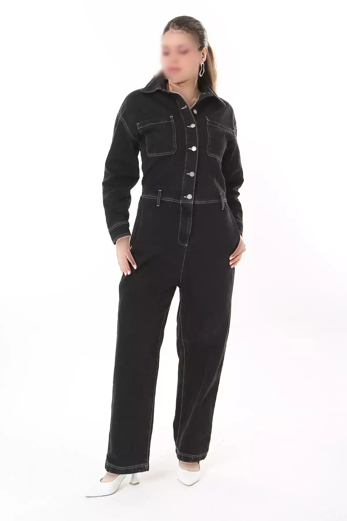 کامل زنانه با سایز بزرگ جین سیاه با دوخت متضاد و دکمه های فلزی 65N37723 برند Şans - 818528688