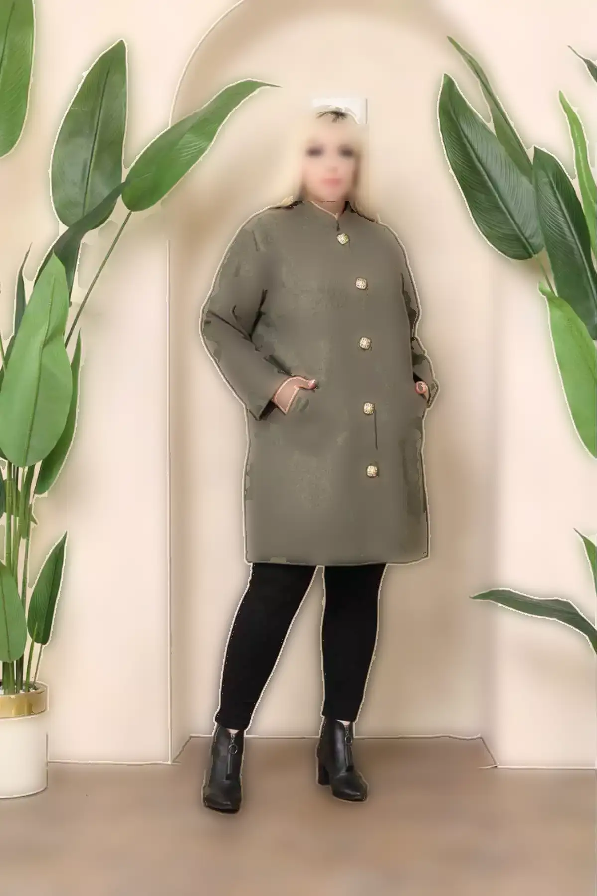 پالتو زنانه بزرگ سایز با رنگ خاکی و جیبدار، بدون آستر، مدل کاشه 65N38346 برند Şans - 862343689