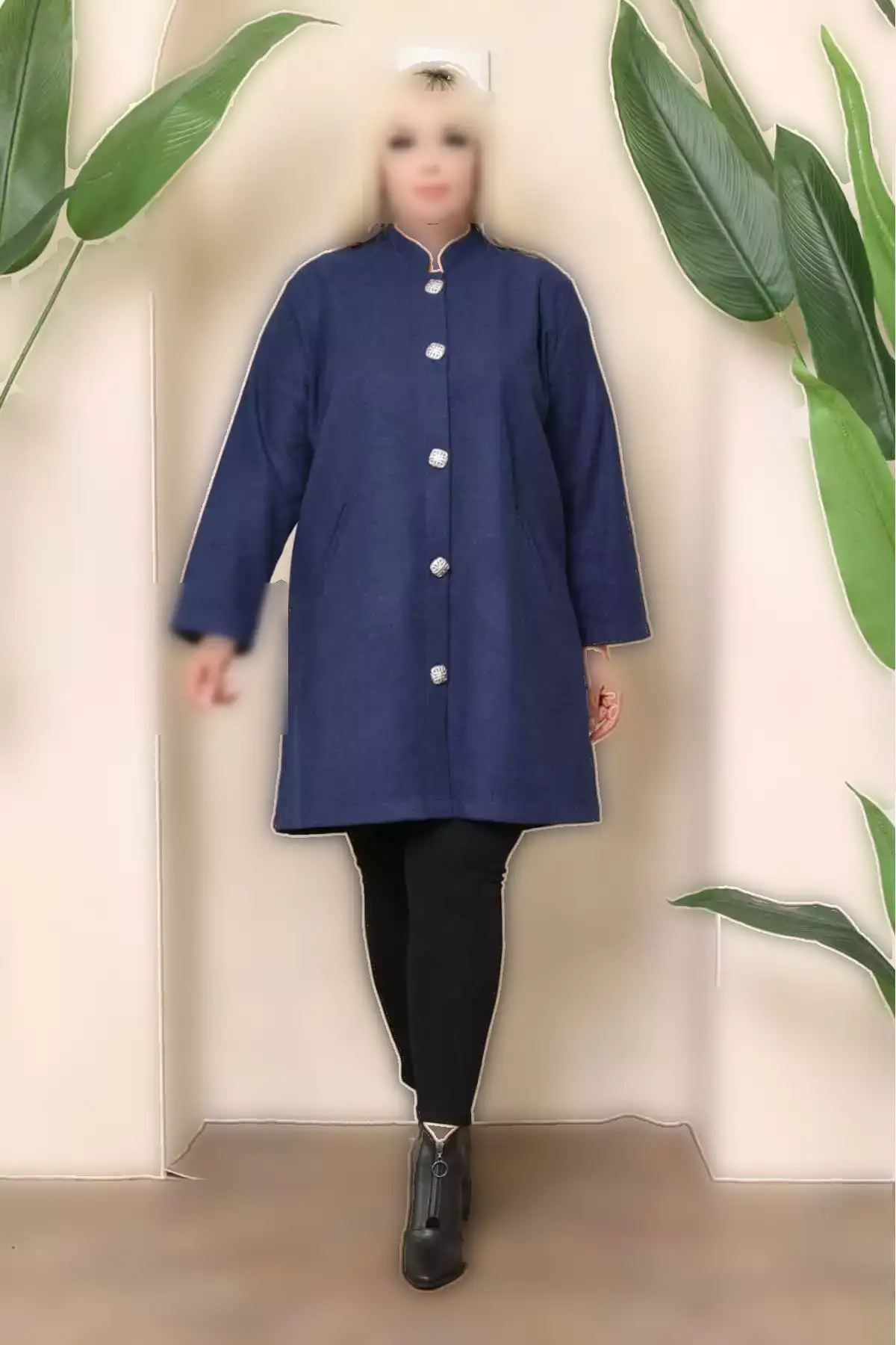 کاپشن پشمی بدون آستر زنانه سایز بزرگ آبی تیره با جیب 65N38346 برند Şans - 862343690