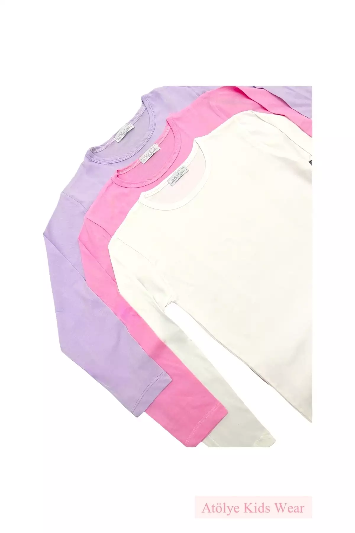 تیشرت بافتنی دخترانه سهتایی با آستینهای بلند برای استفاده روزمره، مدرسه و ورزش به رنگهای کرم، صورتی و بنفش برند atölye kids - 175949261