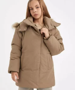 پالتوی کلاهدار با یقه خز مصنوعی قابل جدا شدن برای دختران برند Defacto - 879221363