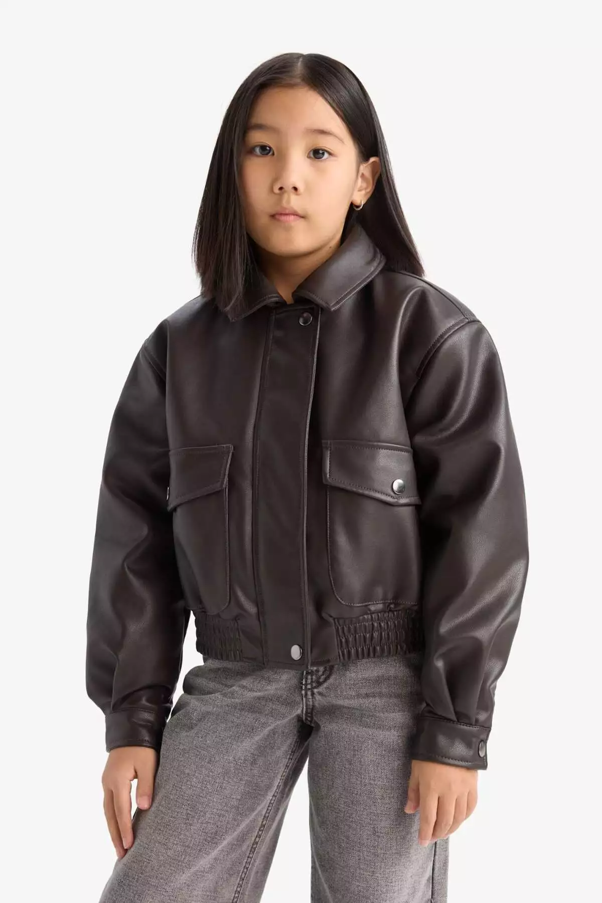 کاپشن چرم مصنوعی دکمهدار ضد آب با دو جیب برای دختران بچه برند Defacto - 899916450