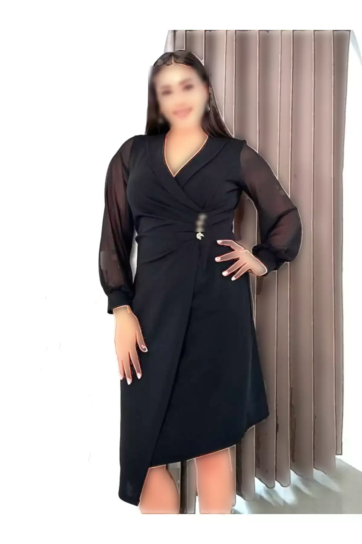 کت بزرگ زنانه مشکی با یقه و جزئیات دکمه، لباس مجلسی انعطافپذیر برند Şirin Butik - 996790820