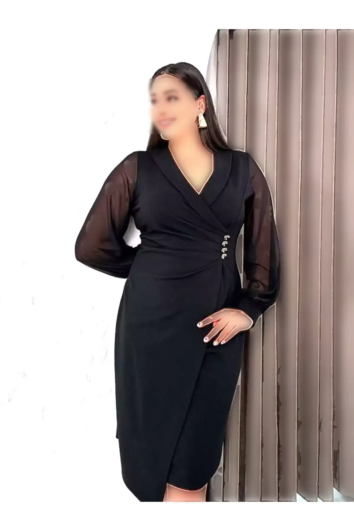 کت بزرگ زنانه مشکی با یقه و جزئیات دکمه، لباس مجلسی انعطافپذیر برند Şirin Butik - 996790820