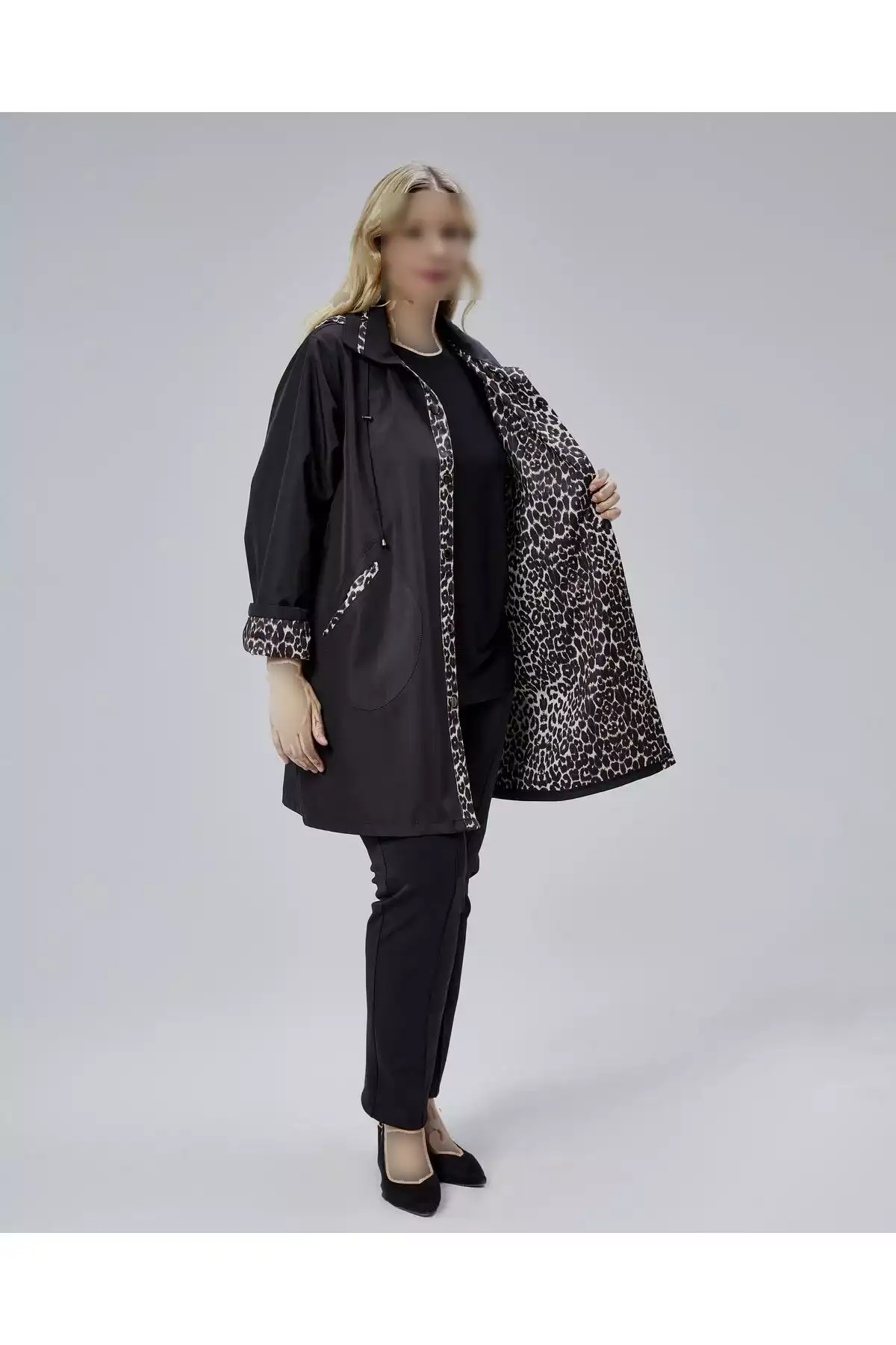 کتریچوت با کلاه و جزئیات پلنگی - مشکی برند KALKANCI - 1030666443