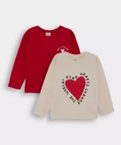 تیشرت بلند آستین با یقه دوچرخهای و طرح قلب برای دختر بچهها - ست ۲ عددی برند Defacto - 990917391