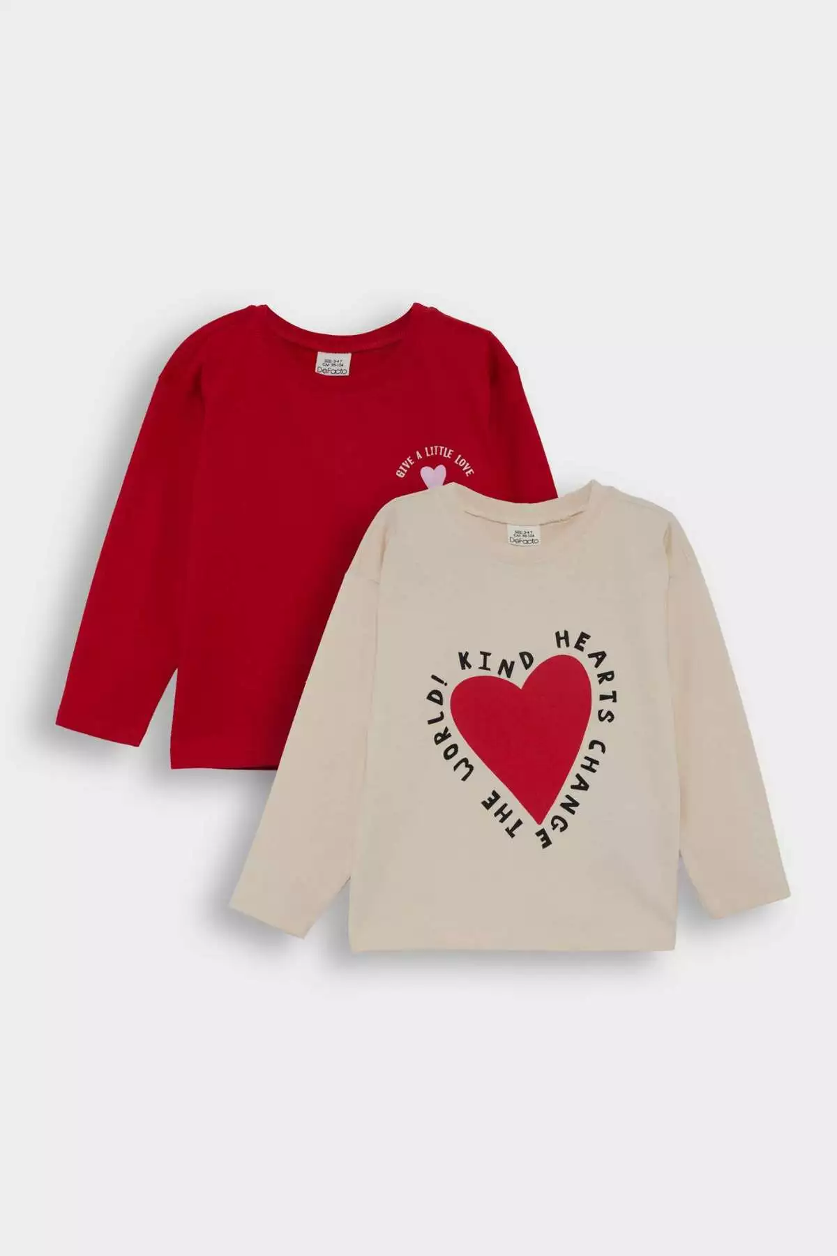 تیشرت بلند آستین با یقه دوچرخهای و طرح قلب برای دختر بچهها - ست ۲ عددی برند Defacto - 990917391