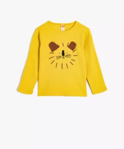 تیشرت آستین بلند یقه گرد طرح بافتی نُخودی با جزئیات طراحی شیر، از جنس پنبه برند Koton - 847796879